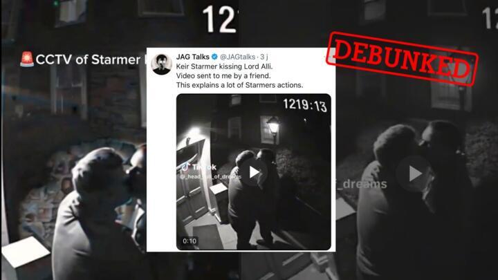 A screenshot of the video shared on X by the account JAGTalks on April 21, 2025. According to this account, this surveillance camera video shows British Prime Minister Keir Starmer kissing politician Lord Waheed Alli. However, this video was generated by artificial intelligence.